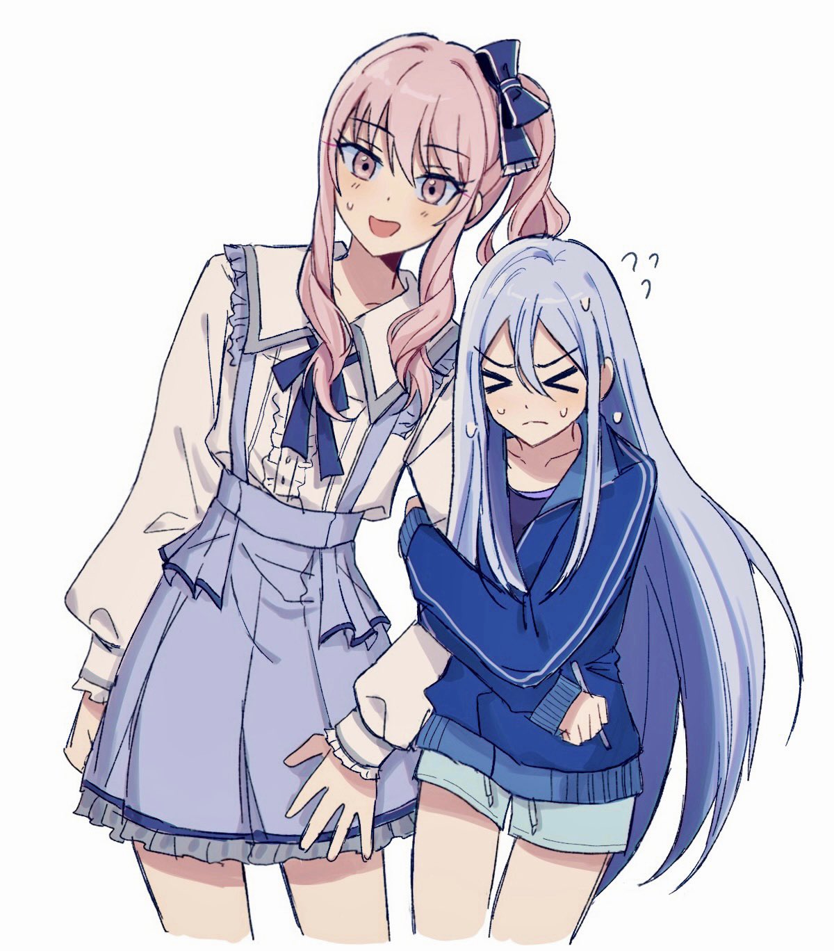 >_<, 1girl, 1other, akiyama_mizuki, arm_grab, blue_hair, blue_ribbon, blush