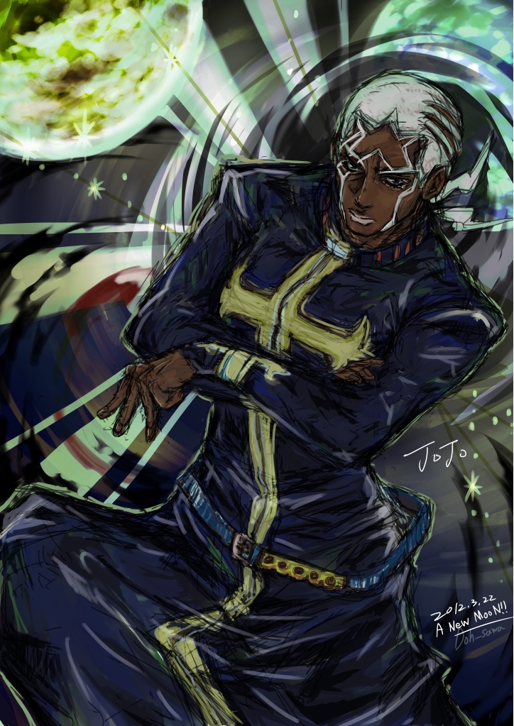1boy, 38legio, black_eyes, cassock, dark-skinned_male, dark_skin, enrico_pucci, jojo_no_kimyou_na_bouken