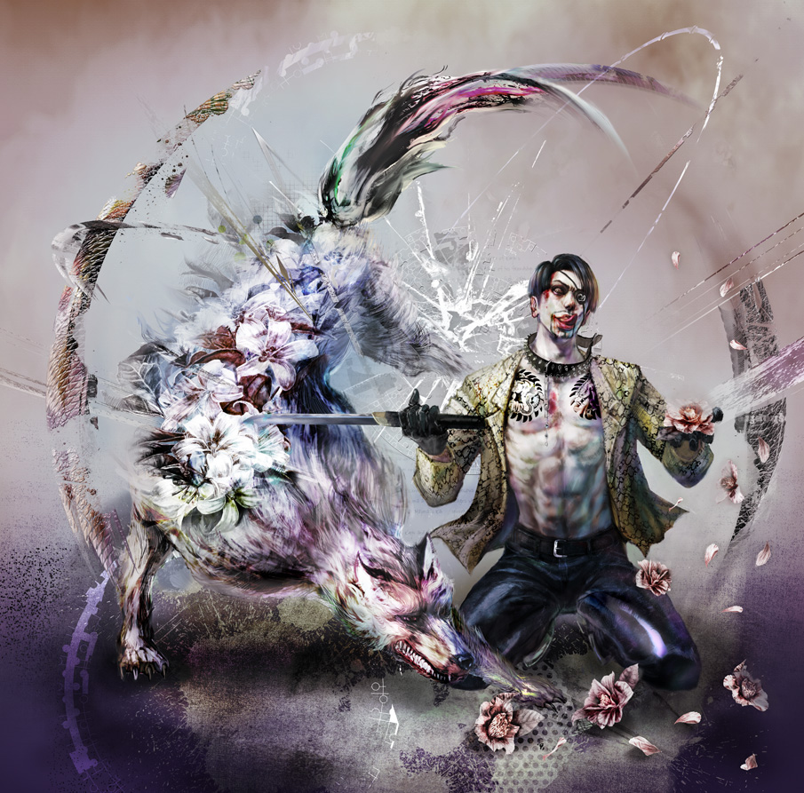 1boy, abs, animalization, black_gloves, black_hair, collar, curtained_hair, dual_persona