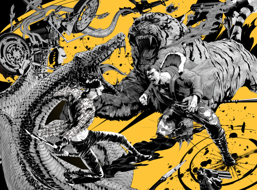 2boys, animal, boots, breathing_fire, camouflage, camouflage_pants, eyepatch, fighting_stance