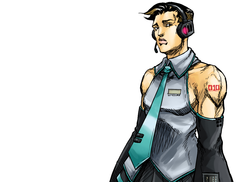 1boy, bare_shoulders, brown_hair, cosplay, crossdressing, detached_sleeves, hatsune_miku, hatsune_miku_(cosplay), jojo_no_kimyou_na_bouken, metamin_(memethah), necktie, official_style, pectorals, scar, scar_across_eye, shoulder_tattoo, sidepec, skirt, solo, steel_ball_run, tattoo, thigh-highs, upper_body, vocaloid, wekapipo's_brother-in-law