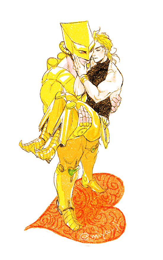2boys, blonde_hair, bracelet, carrying, cradling_head, dio_brando, heart_kneepads, jewelry