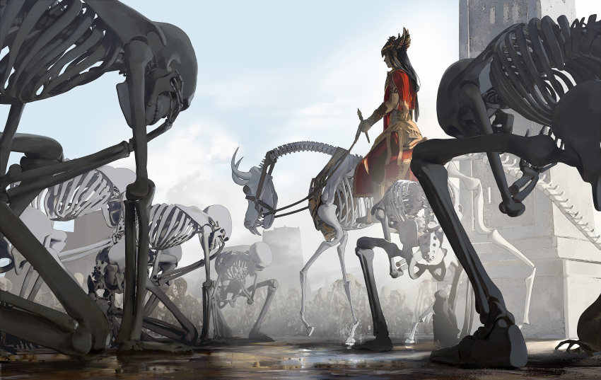 1boy, absurdres, animal_skeleton, azik_eggers, black_hair, bracer, chinese_commentary, clouds