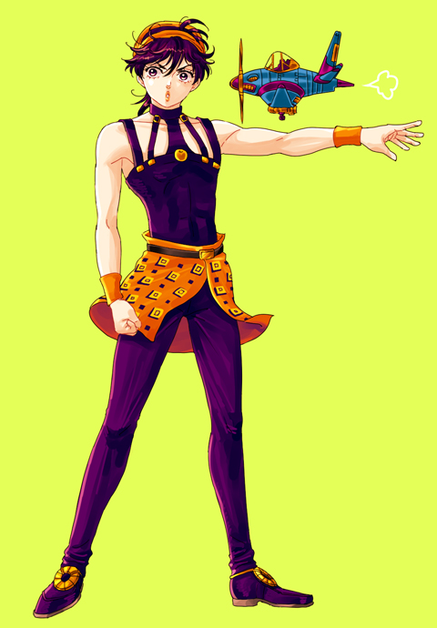 1boy, aerosmith_(stand), bare_shoulders, black_eyes, black_hair, full_body, headband, jojo_no_kimyou_na_bouken