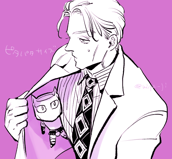 2boys, cheekbones, chibi, diamond_wa_kudakenai, formal, jojo_no_kimyou_na_bouken, killer_queen, kira_yoshikage, male_focus, merumeru626, miniboy, monochrome, multiple_boys, necktie, pinstripe_pattern, pinstripe_shirt, shirt, stand_(jojo), striped, suit, sweatdrop