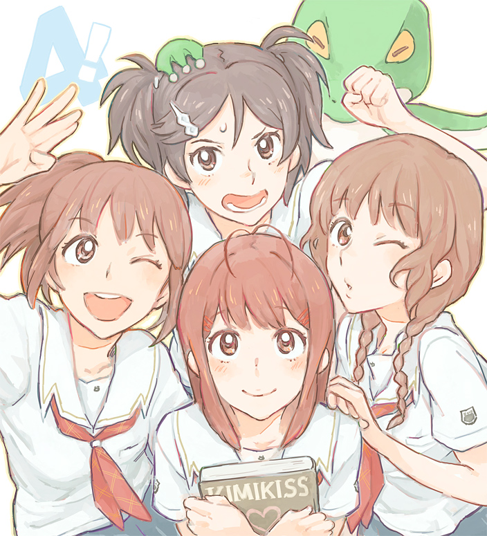 !, 4girls, :d, ahoge, black_hair, blush, braids, brown_eyes