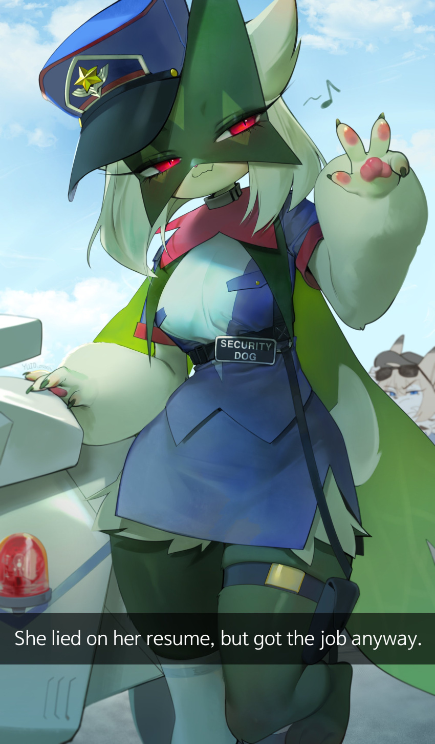 absurdres, english_text, hat, highres, looking_at_viewer, lycanroc, meowscarada, musical_note