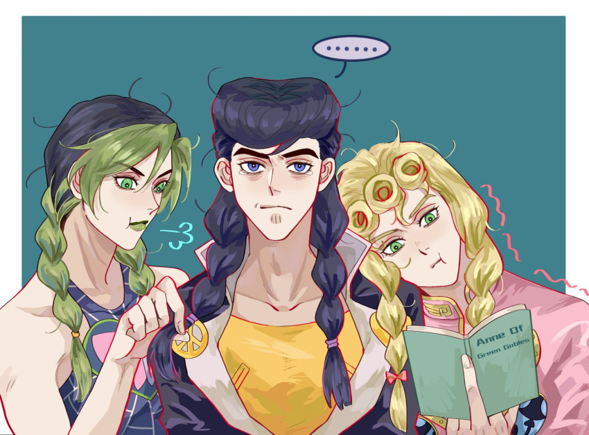 ..., 1girl, 2boys, :t, alternate_hairstyle, anne_of_green_gables, black_hair, blonde_hair, blue_eyes, book, braid, breath, commentary, diamond_wa_kudakenai, flower, gakuran, giorno_giovanna, green_eyes, green_hair, green_lips, higashikata_josuke, highres, jojo_no_kimyou_na_bouken, kujo_jolyne, ladybug_ornament, long_hair, multicolored_hair, multiple_boys, pout, reading, school_uniform, spider_lily, spoken_ellipsis, stone_ocean, symbol-only_commentary, tearing_up, trembling, twin_braids, two-tone_hair, vento_aureo, wing_ornament, zhoujo51