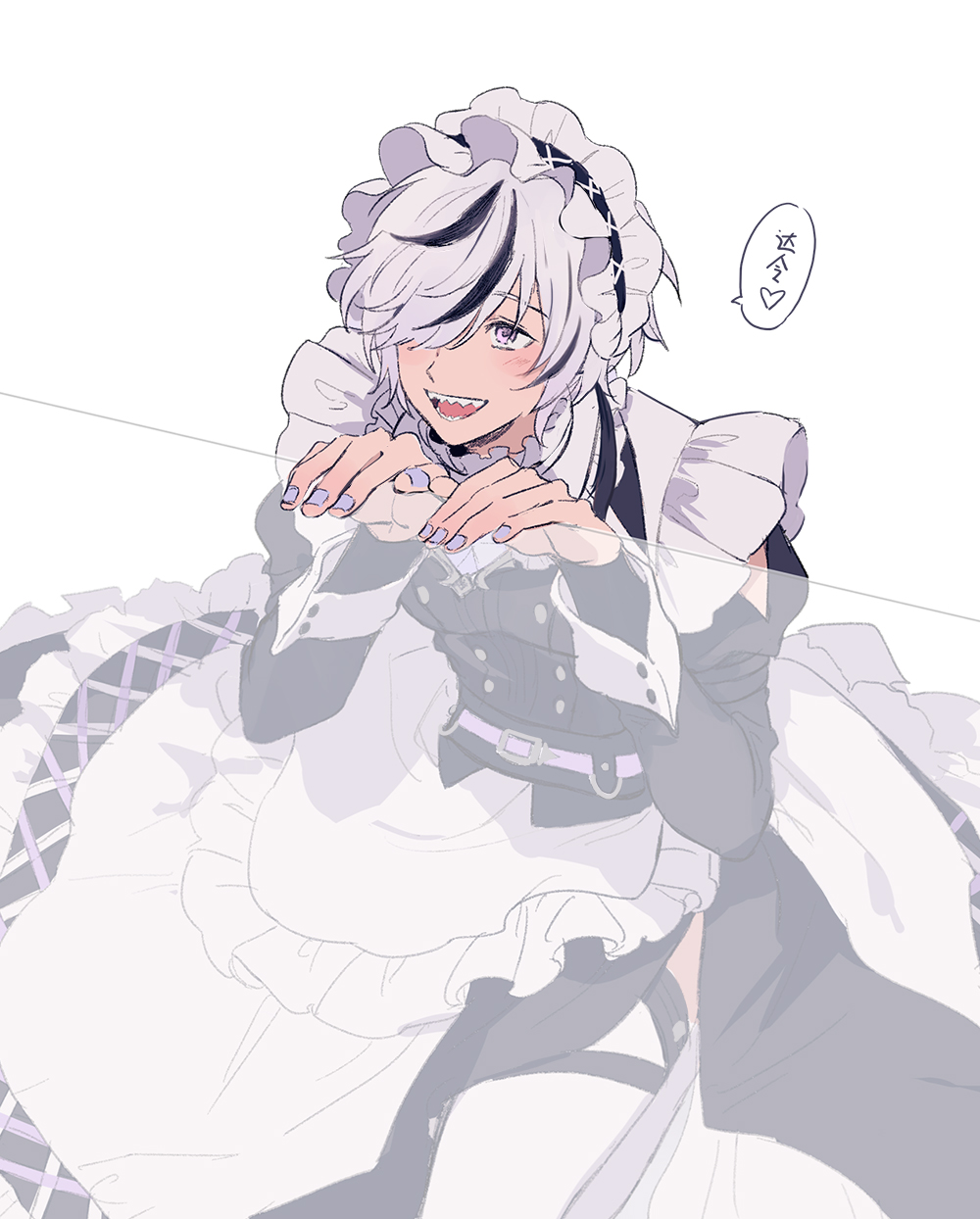 1boy, androgynous, apron, black_dress, black_hair, blade_(nu_carnival), citi, dress