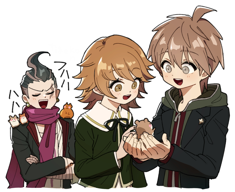 3boys, :d, ahoge, animal_on_hand, bandaged_arm, bandages, black_hair, black_jacket