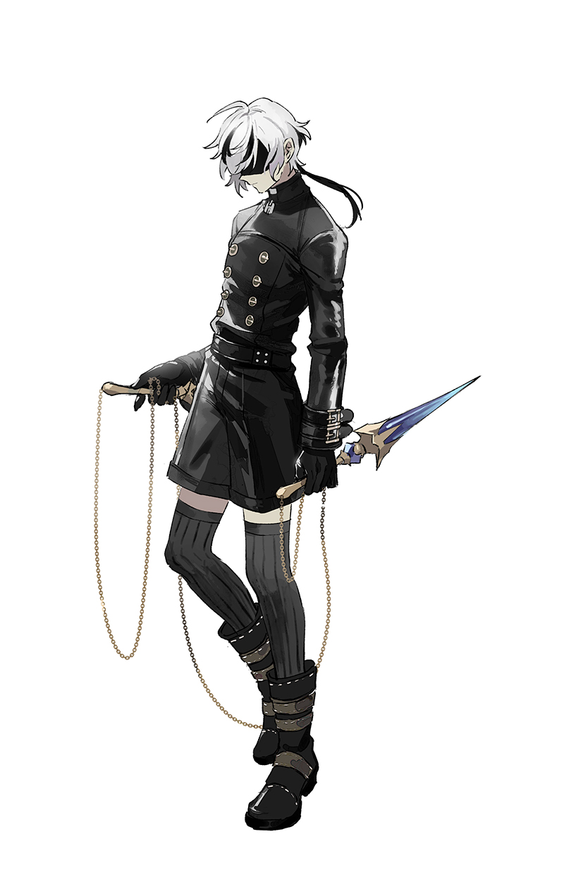 1boy, black_blindfold, black_footwear, black_gloves, black_jacket, black_shorts, black_thighhighs, blade_(nu_carnival)