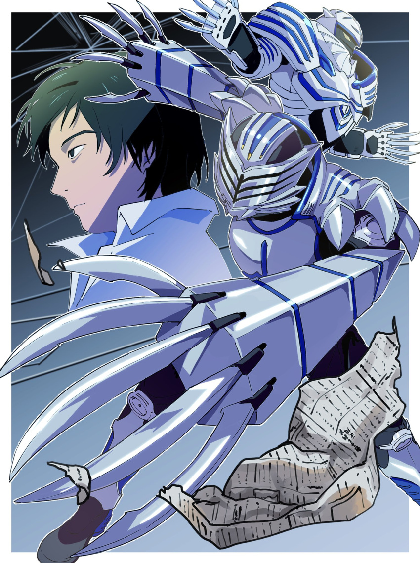 1boy, armor, black_bodysuit, bodysuit, broken_mirror, claws, contract_monster, destwilder