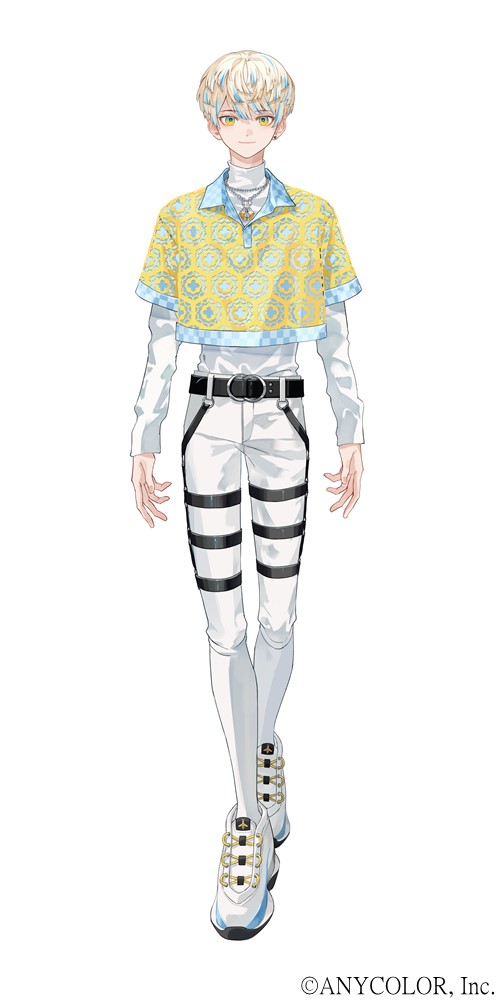 1boy, belt, black_belt, blonde_hair, blue_eyes, blue_hair, blue_shirt, collared_shirt