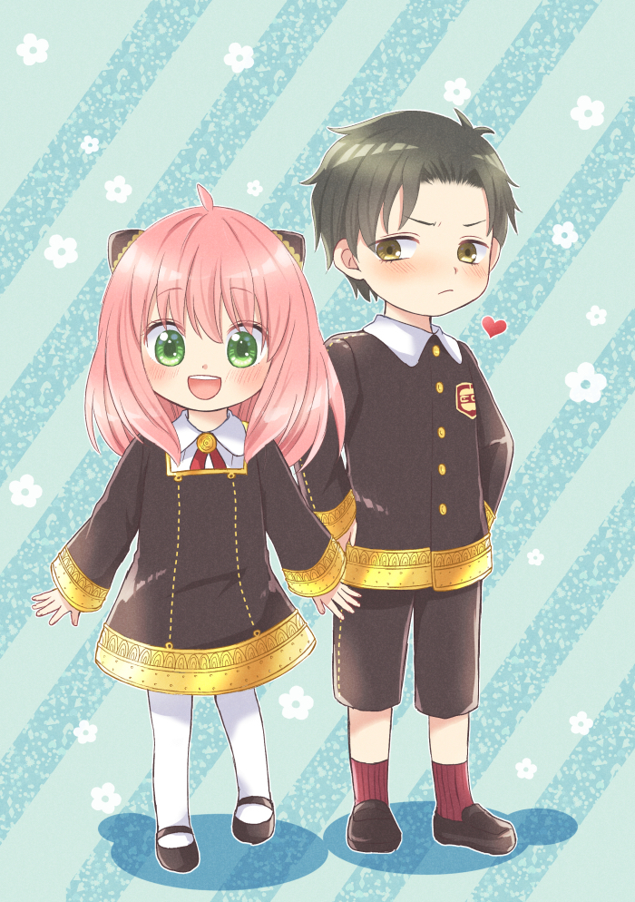 1boy, 1girl, ahoge, anya_(spy_x_family), black_hair, black_shirt, black_shorts, blush