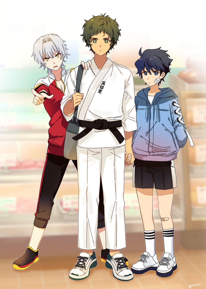 3boys, aged_down, ahoge, blue_eyes, blue_hair, brown_hair, dougi, enjoji_michiru, green_eyes, grey_hair, hand_in_pocket, hand_on_another's_shoulder, highres, holding_hands, idolmaster, idolmaster_side-m, kizaki_ren, male_child, male_focus, multiple_boys, pants, pointing, shoes, shorts, sneakers, socks, sunyack, taiga_takeru, the_kogado_(idolmaster), yellow_eyes