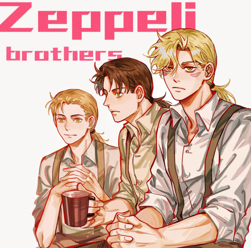 3boys, alternate_hairstyle, battle_tendency, blonde_hair, brothers, brown_hair, caesar_anthonio_zeppeli, cup