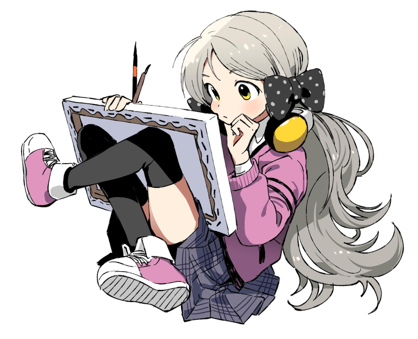 1girl, black_ribbon, blush, bow, calligraphy_brush, canvas_(object), cardigan, crossed_legs