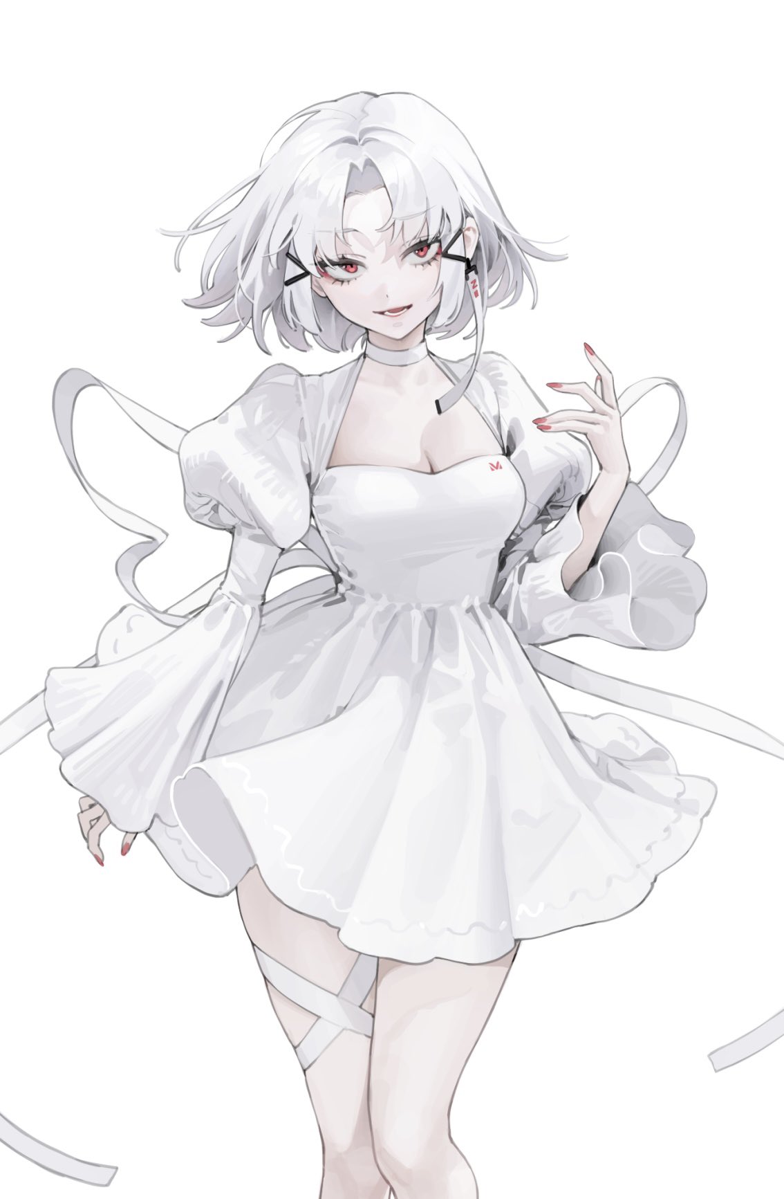1girl, bell_sleeves, center_opening, choker, cleavage_cutout, clothing_cutout, drake_(nikke), dress