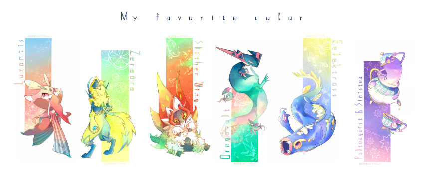 +_+, absurdres, arm_up, character_name, claws, closed_mouth, commentary_request, cup, dragapult, dreepy, eelektross, fangs, frown, green_eyes, head_tilt, highres, lurantis, open_mouth, pokemon, pokemon_(creature), polteageist, sinistea, sitting, slither_wing, smile, standing, teacup, teapot, white_fur, yellow_eyes, yellow_fur, yyy9696yyy, zeraora