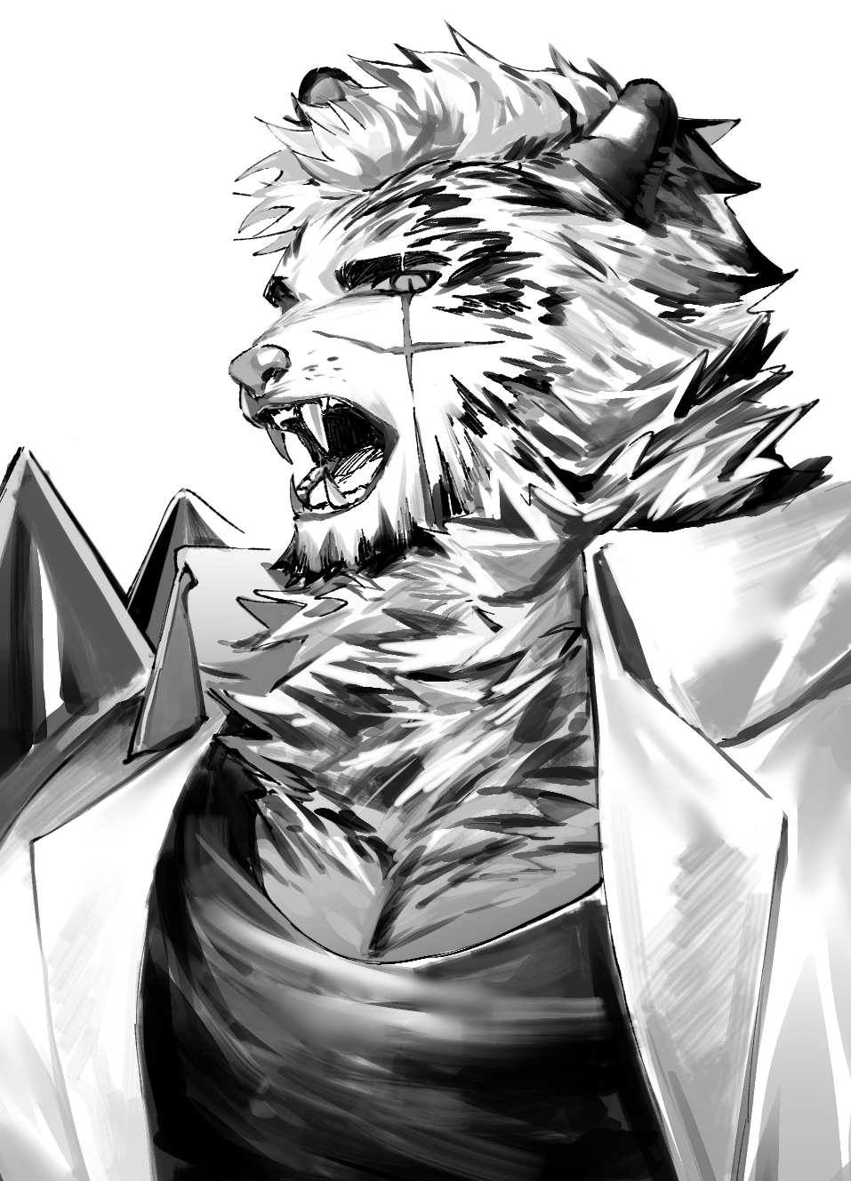 1boy, animal_ears, arknights, facial_hair, furry, furry_male, goatee, greyscale, highres, male_focus, monochrome, mountain_(arknights), muscular, muscular_male, pectoral_cleavage, pectorals, portrait, rcc_(rcc_jd), scar, scar_across_eye, short_hair, solo, thick_eyebrows, tiger_boy, tiger_ears, white_hair