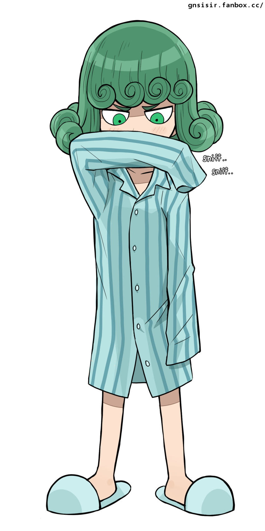 1girl, absurdres, closed_mouth, curly_hair, frown, full_body, gnsisir, green_eyes, green_hair, hand_up, highres, looking_at_viewer, one-punch_man, one_(style), pajamas, parody, simple_background, sleeves_past_fingers, sleeves_past_wrists, slippers, smelling, standing, striped, striped_pajamas, style_parody, tatsumaki, white_background
