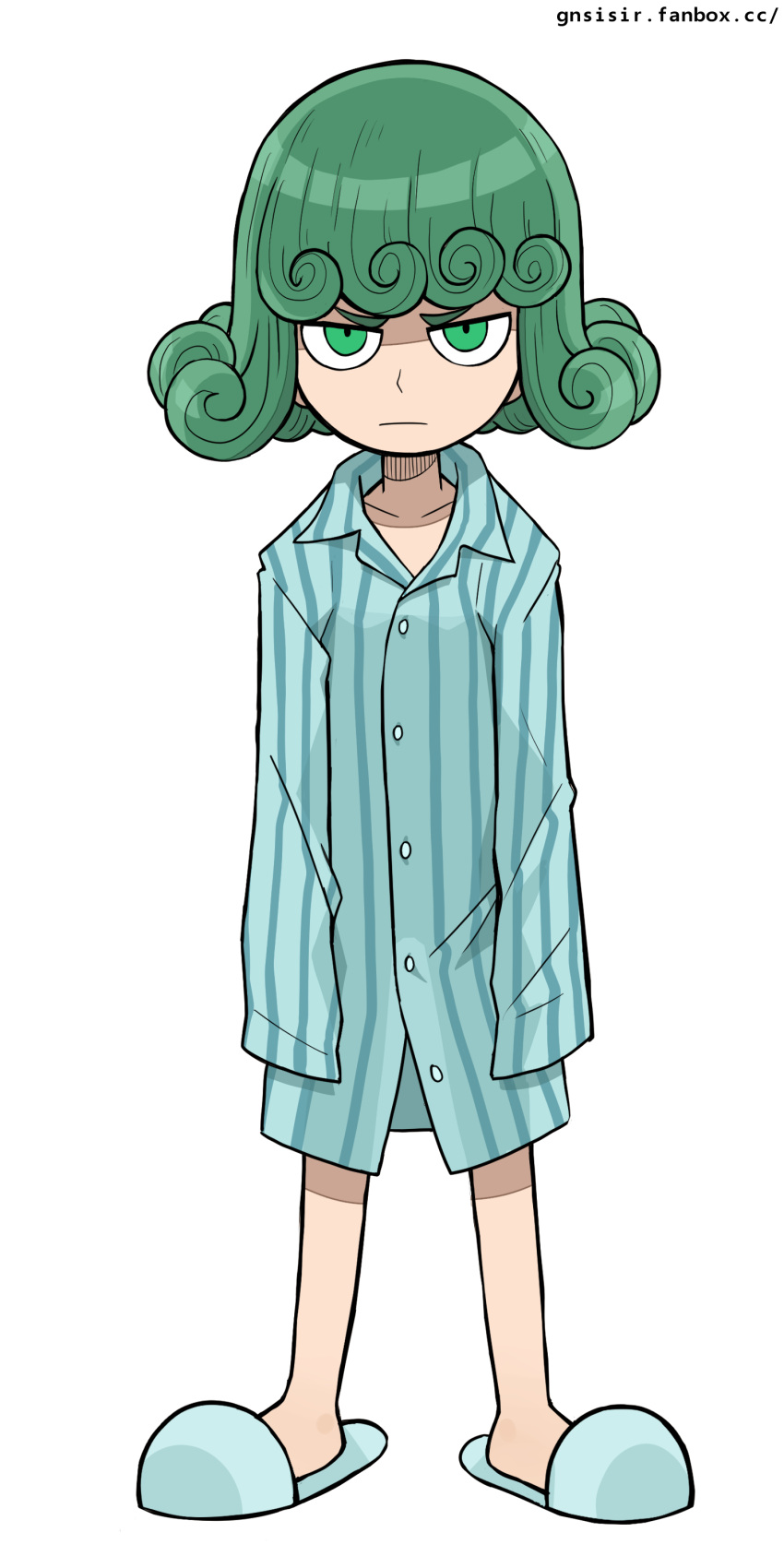 1girl, absurdres, closed_mouth, curly_hair, frown, full_body, gnsisir, green_eyes, green_hair, highres, looking_at_viewer, one-punch_man, one_(style), pajamas, parody, simple_background, sleeves_past_fingers, sleeves_past_wrists, slippers, standing, striped, striped_pajamas, style_parody, tatsumaki, white_background