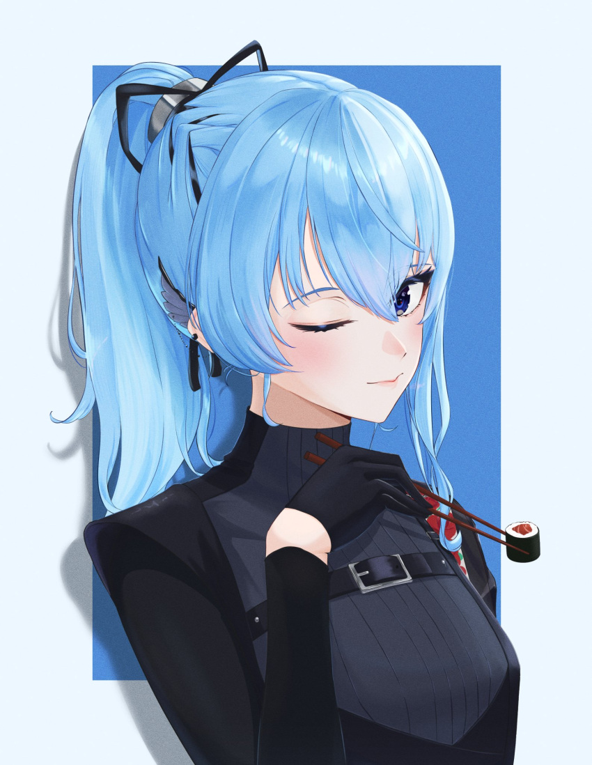 1girl, black_shirt, blue_eyes, blue_hair, blush, chopsticks, closed_mouth, earrings