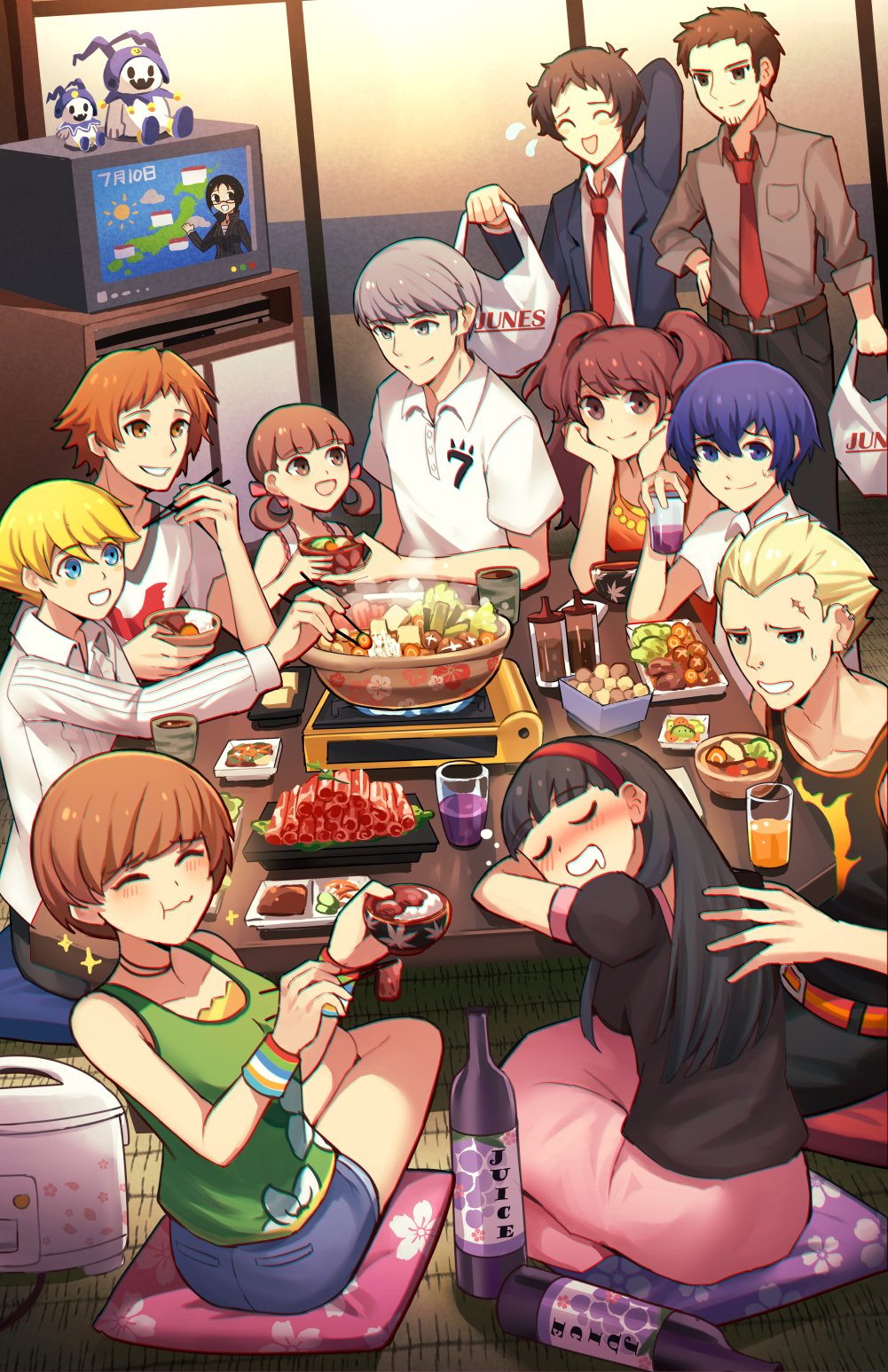 6+boys, 6+girls, :d, :t, ^_^, adachi_tooru, amagi_yukiko, architecture