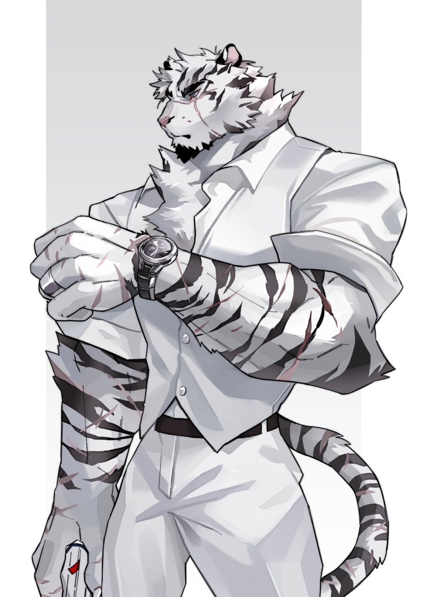 1boy, animal_ears, arknights, book, facial_hair, feet_out_of_frame, formal, frown