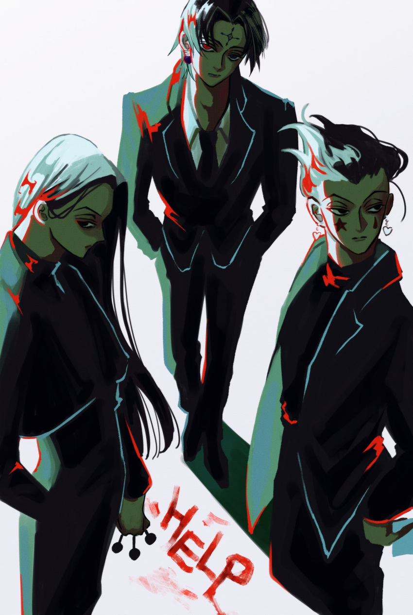 3boys, black_hair, black_suit, chrollo_lucilfer, closed_mouth, cross_tattoo, earrings, facial_mark