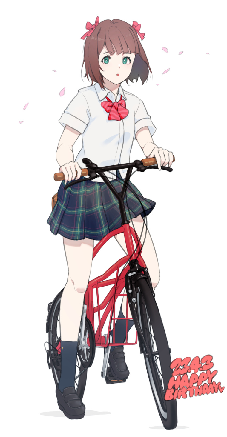 1girl, :o, bicycle, black_footwear, black_skirt, black_socks, blunt_bangs, bow
