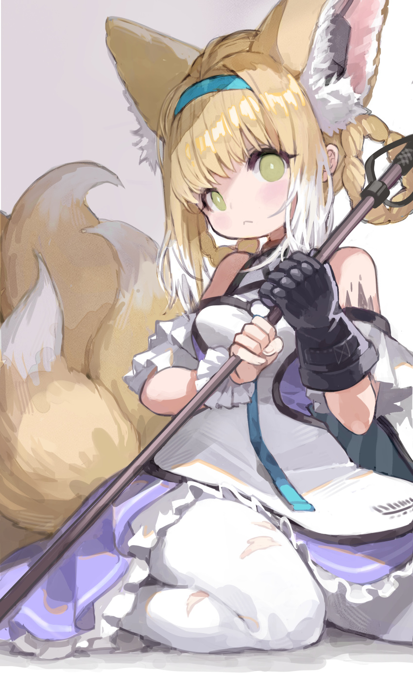 1girl, absurdres, animal_ear_fluff, animal_ears, arknights, bare_shoulders, black_gloves, blonde_hair