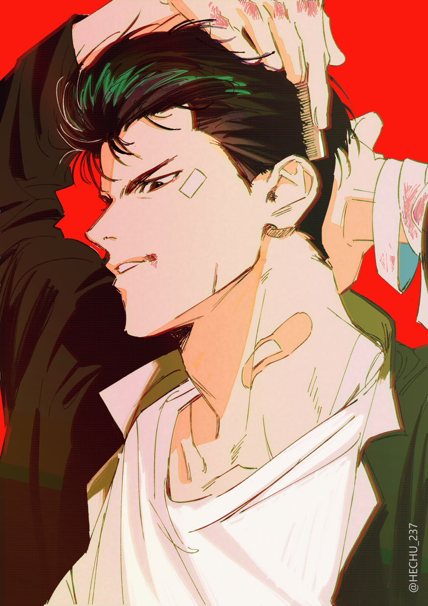 1boy, absurdres, bandaged_arm, bandages, black_hair, black_jacket, brushing_hair, comb