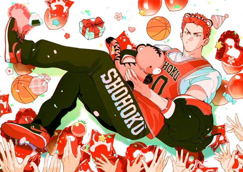 1boy, absurdres, animal_ears, balloon, black_jacket, black_pants, blush, box, candy, fake_animal_ears, food, gift, gift_box, hat, heart, heart_balloon, hechu_237, highres, jacket, male_focus, off_shoulder, open_clothes, open_jacket, pants, party_hat, red_tank_top, redhead, sakuragi_hanamichi, shirt, short_hair, slam_dunk_(series), tank_top, white_shirt