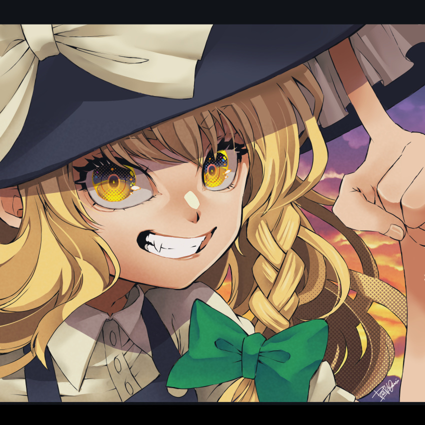 blonde_hair, bow, braid, fang, green_bow, hat, highres, isamu-ki_(yuuki)