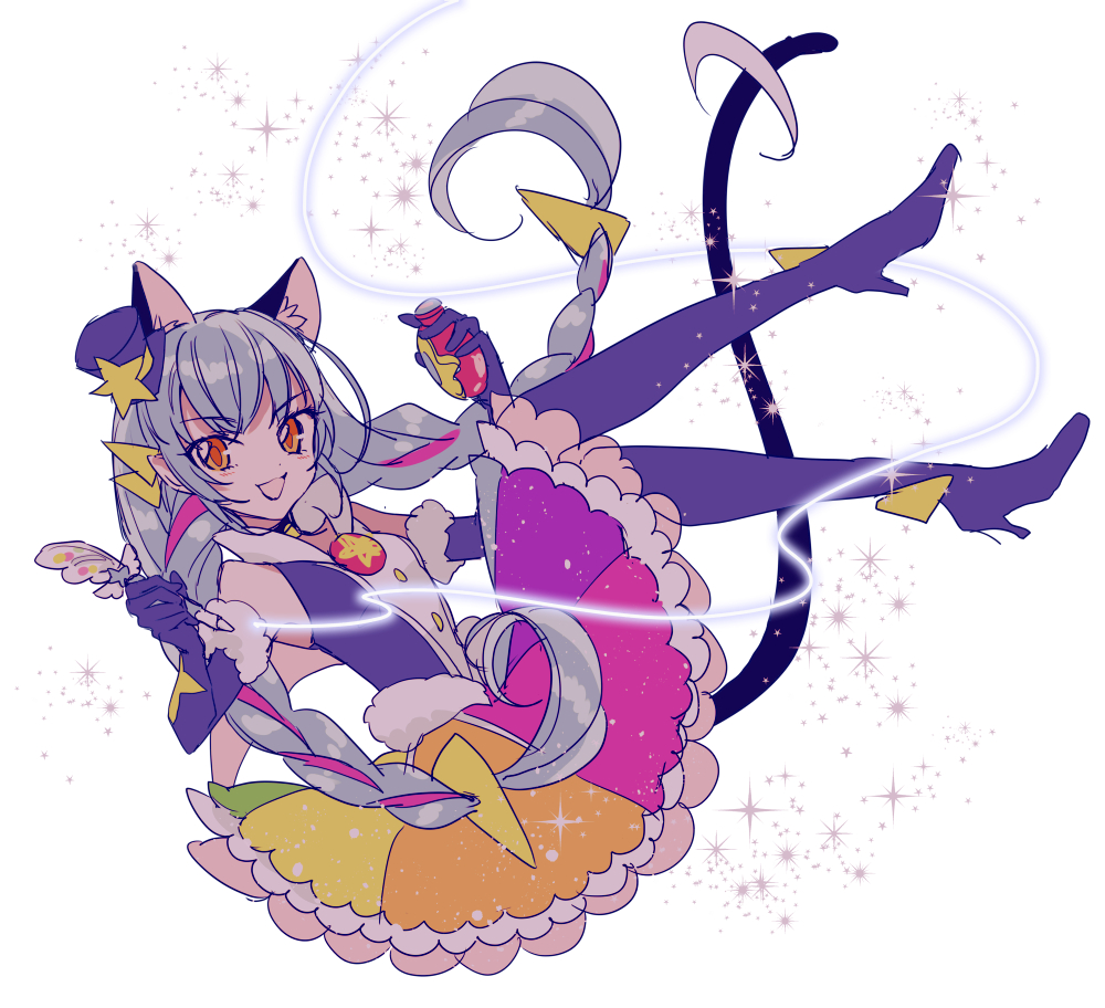 1girl, animal_ears, ayumaru_(art_of_life), blue_gloves, blue_hair, braid, cat_ears, cat_tail