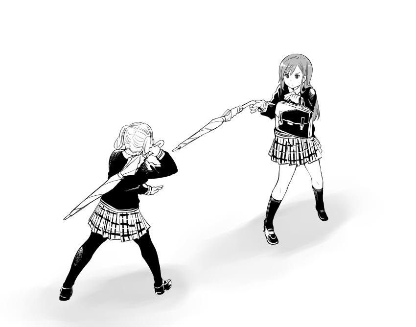 2girls, bag, blazer, collared_shirt, comedy, from_above, greyscale, hair_behind_ear