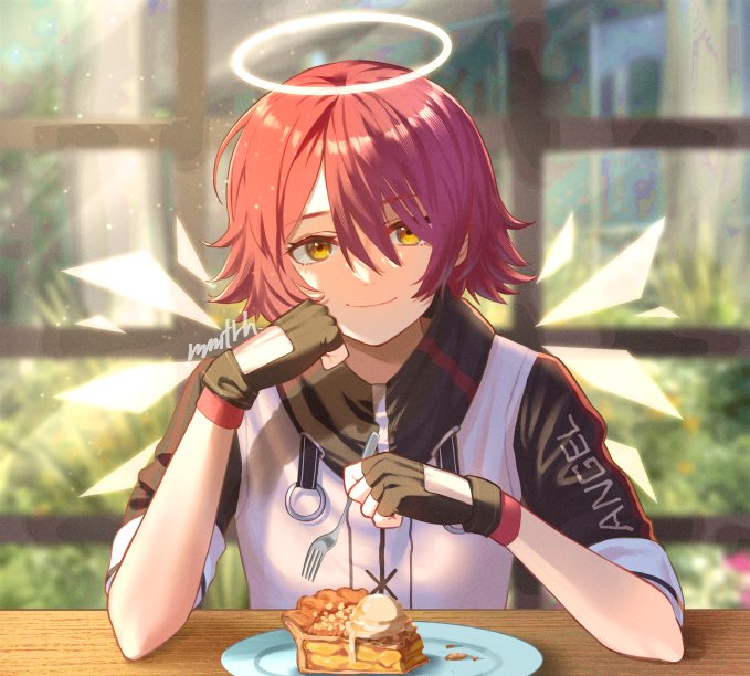 1girl, angel, apple_pie, arknights, black_gloves, blurry, blurry_background, cheek_rest