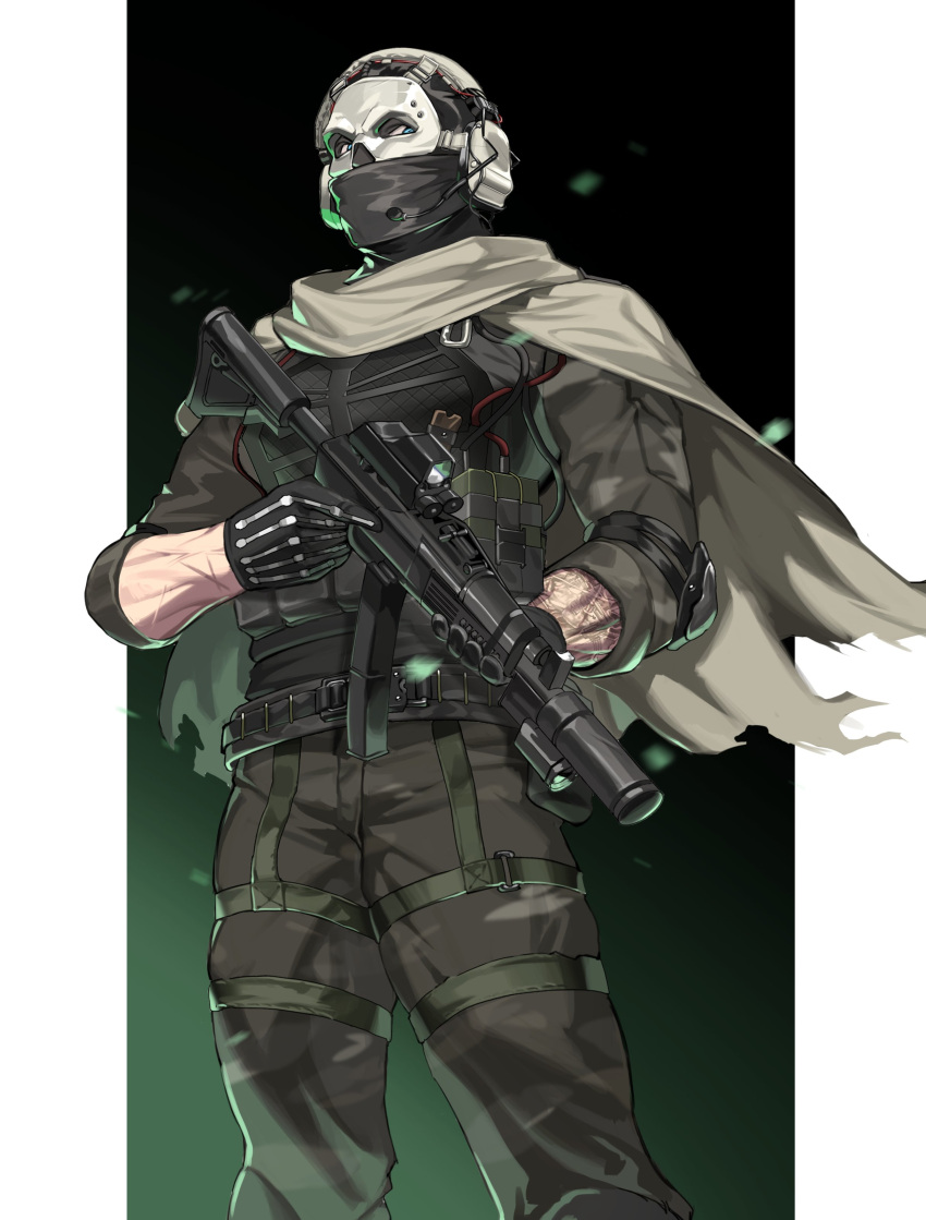 1boy, absurdres, arm_tattoo, balaclava, belt, black_gloves, blue_eyes, bulletproof_vest