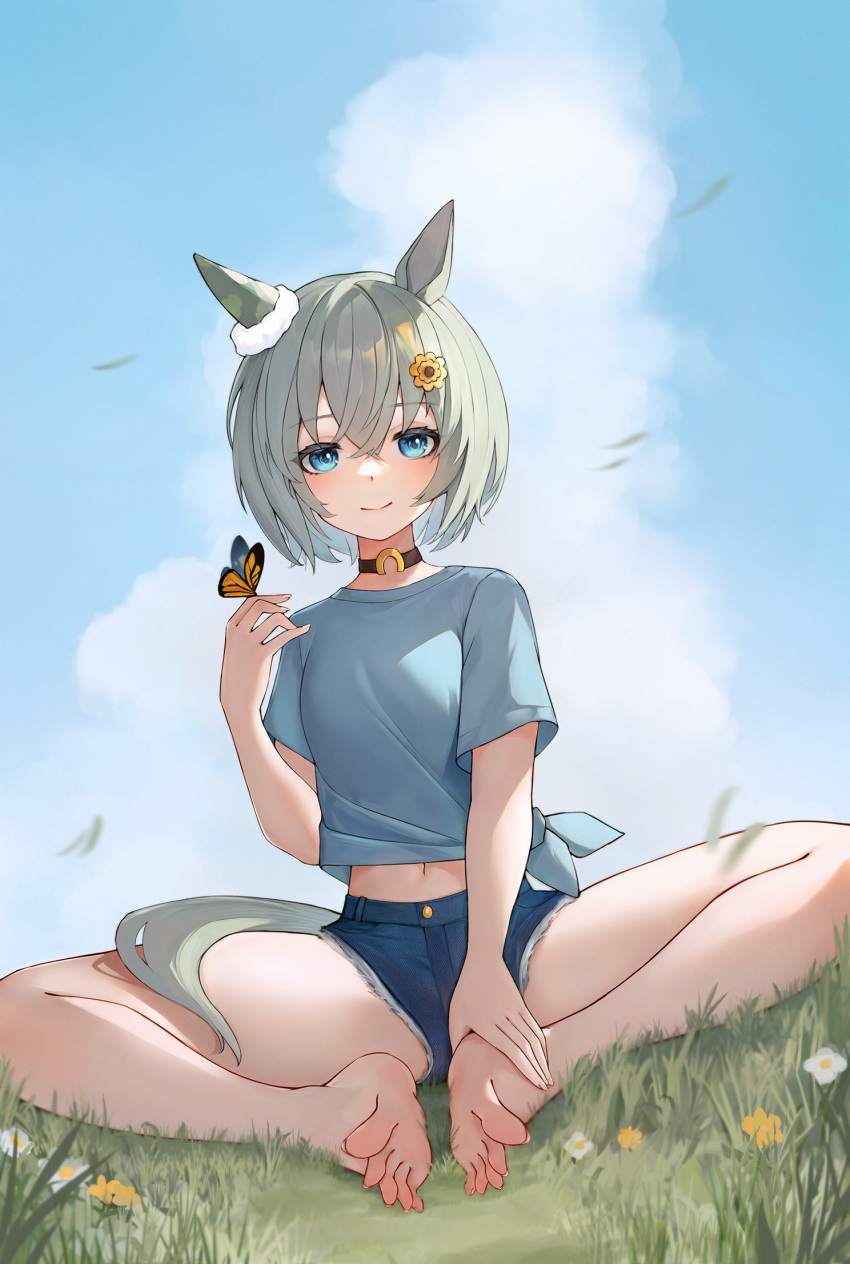 1girl, bare_legs, barefoot, blue_eyes, bug, butterfly, clouds, flower