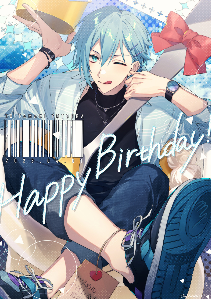1boy, aiue_o_eiua, black_footwear, black_pants, black_shirt, blue_eyes, blue_hair, food, hair_ornament, hairpin, happy_birthday, highres, holding, holding_spoon, idolish7, jacket, light_blue_hair, looking_at_viewer, male_focus, one_eye_closed, pants, pudding, shirt, short_hair, sleeveless, sleeveless_shirt, smile, solo, spoon, tongue, tongue_out, watch, watch, white_jacket, yotsuba_tamaki
