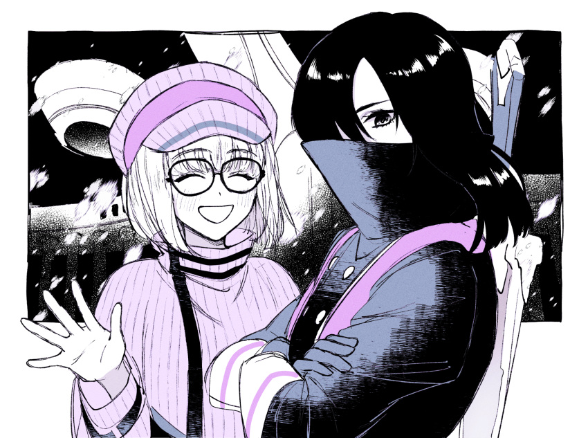 1girl, 1other, blush, closed_eyes, crossed_arms, glasses, hair_over_one_eye, highres