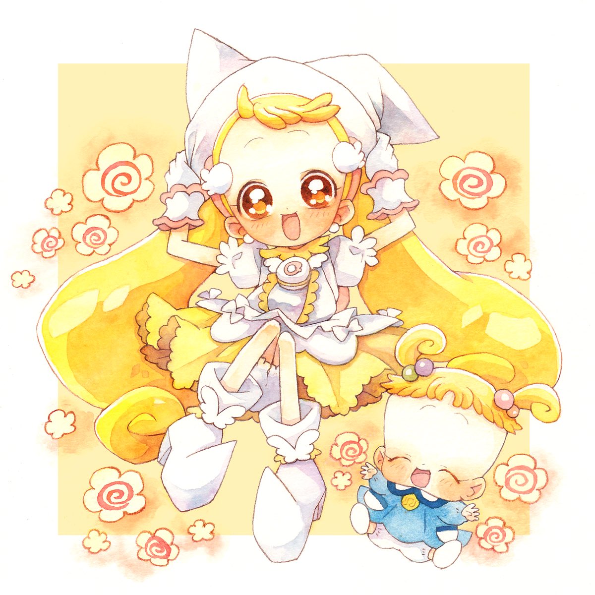 baby, blonde_hair, blush, boots, brown_eyes, dress, earrings, full_body