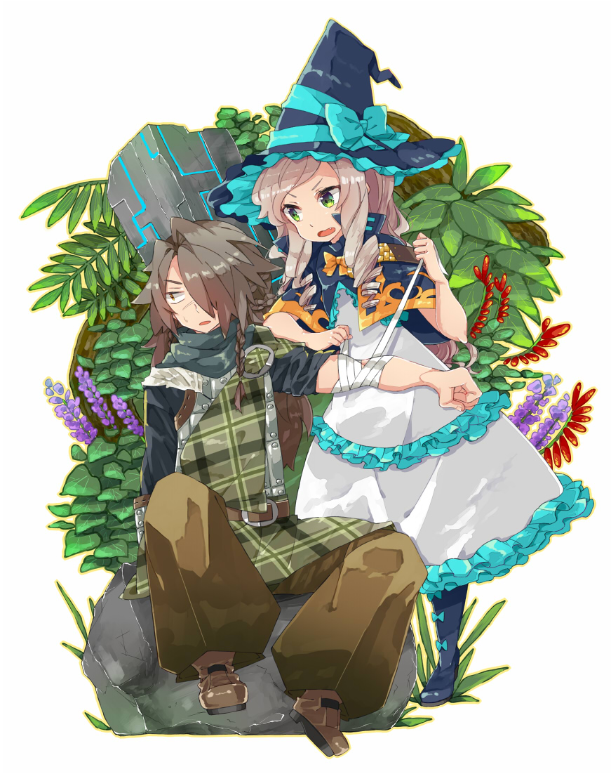 1boy, 1girl, baggy_pants, bandaged_arm, bandages, bow, brown_hair, doctor_magus