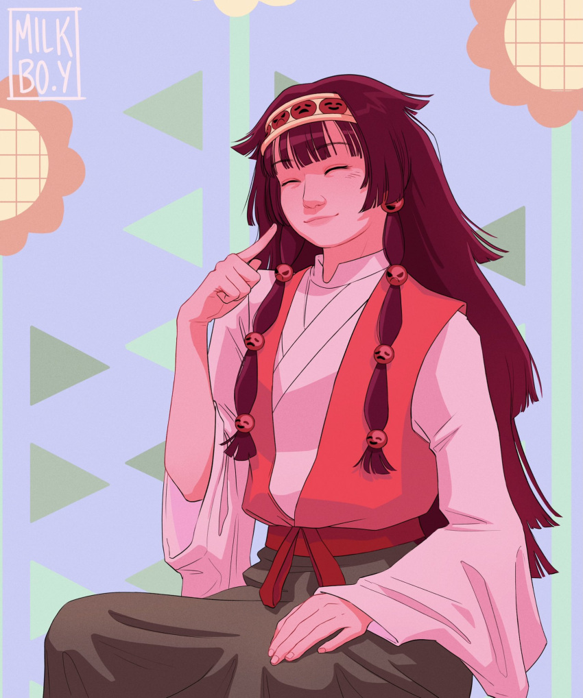 1girl, alluka_zoldyck, black_hair, blunt_bangs, closed_eyes, dress, flower, green_dress, hair_ornament, hairband, highres, hunter_x_hunter, long_hair, long_sleeves, multi-tied_hair, nyallukaa, signature, sitting, smile, solo