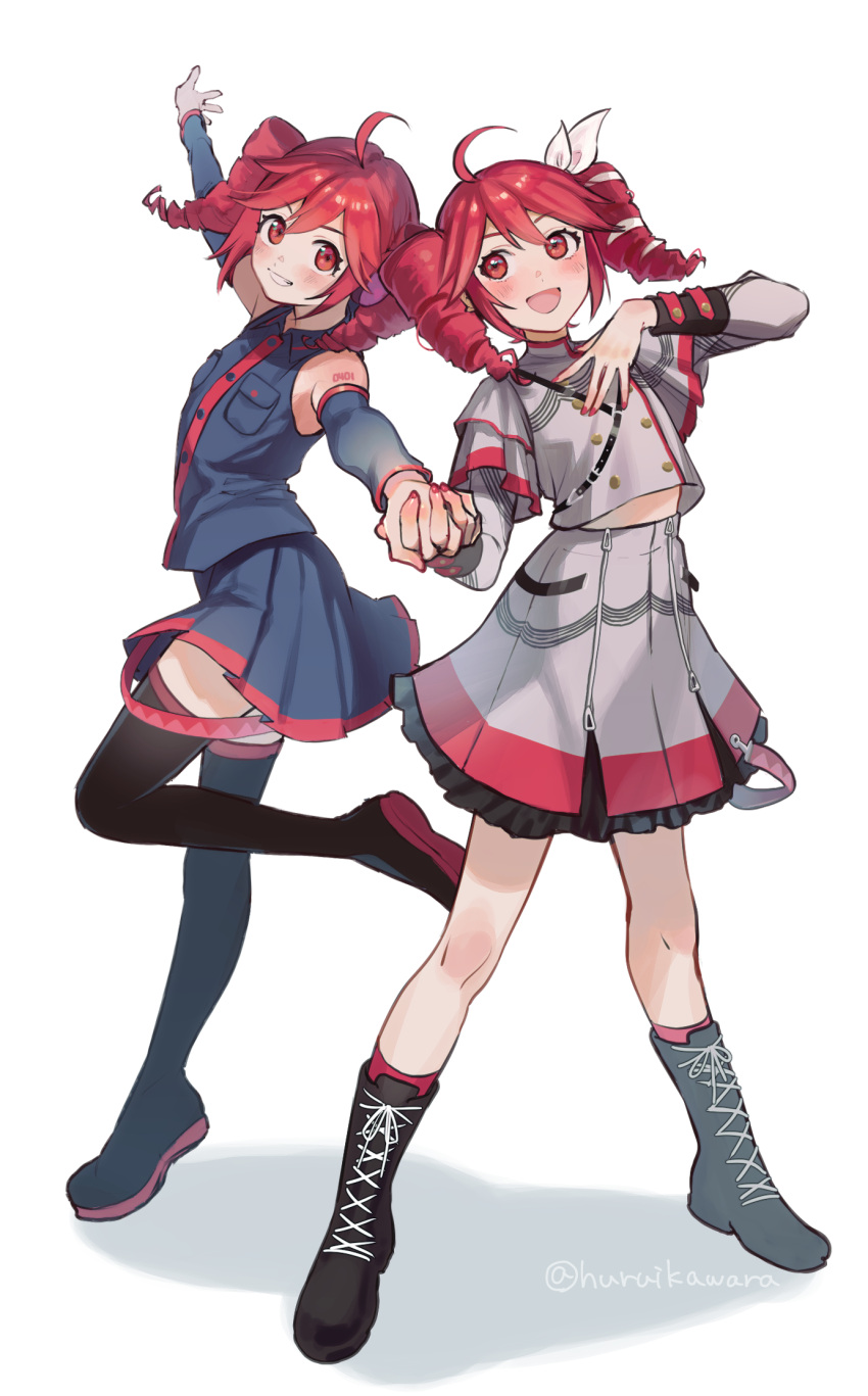 2girls, \||/, ahoge, arm_up, bare_shoulders, black_footwear, black_shirt, black_skirt