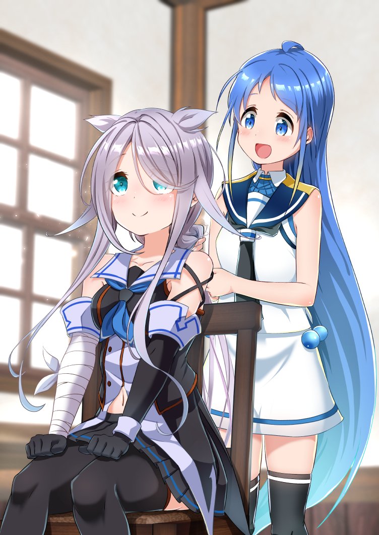 2girls, ahoge, bandages, black_gloves, black_neckerchief, black_pantyhose, black_sailor_collar, black_skirt