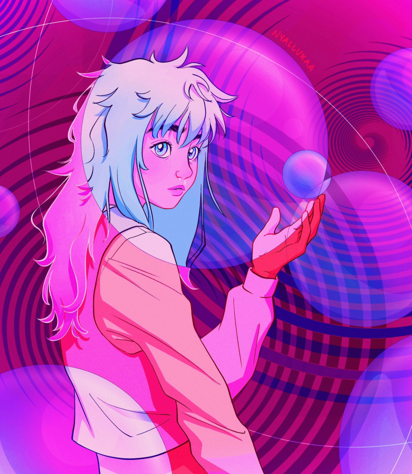 1girl, blue_eyes, blush, bubble, highres, hunter_x_hunter, komugi_(hunter_x_hunter), long_hair, long_sleeves, nyallukaa, pink_background, shirt, signature, snot, unusually_open_eyes, white_hair, white_shirt