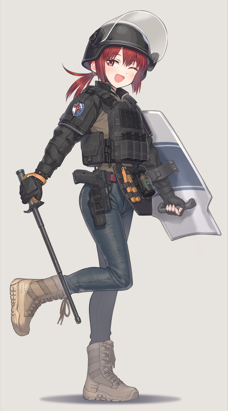1girl, :d, baton_(weapon), boots, bulletproof_vest, denim, fingerless_gloves, full_body