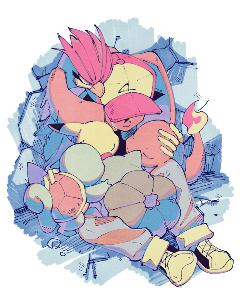 1boy, ash_ketchum, baseball_cap, bulbasaur, charmander, closed_mouth, fingerless_gloves, flame-tipped_tail